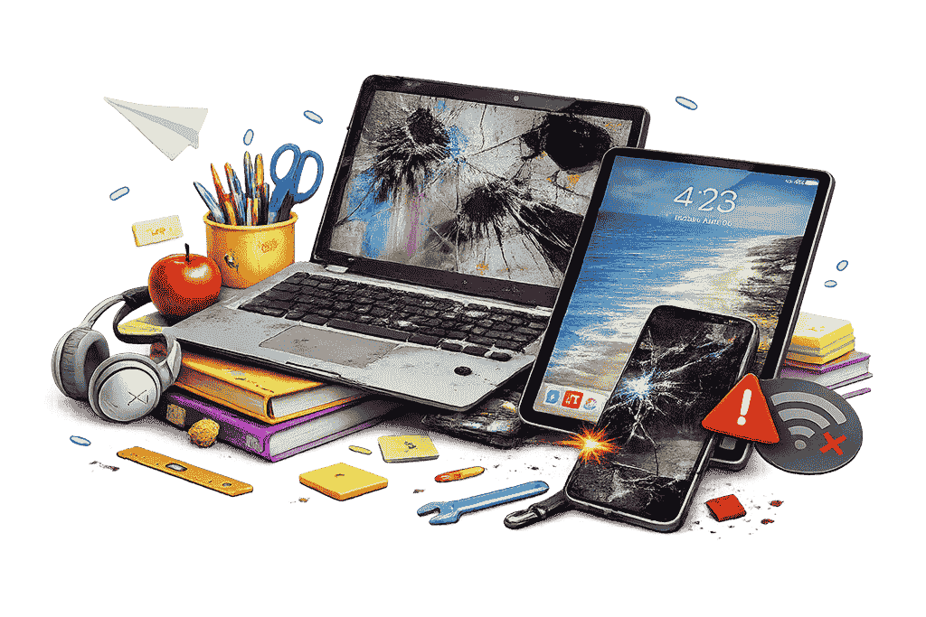 Illustration of damaged laptops, tablets, and smartphones representing comprehensive device protection against accidental damage, loss, and theft.
