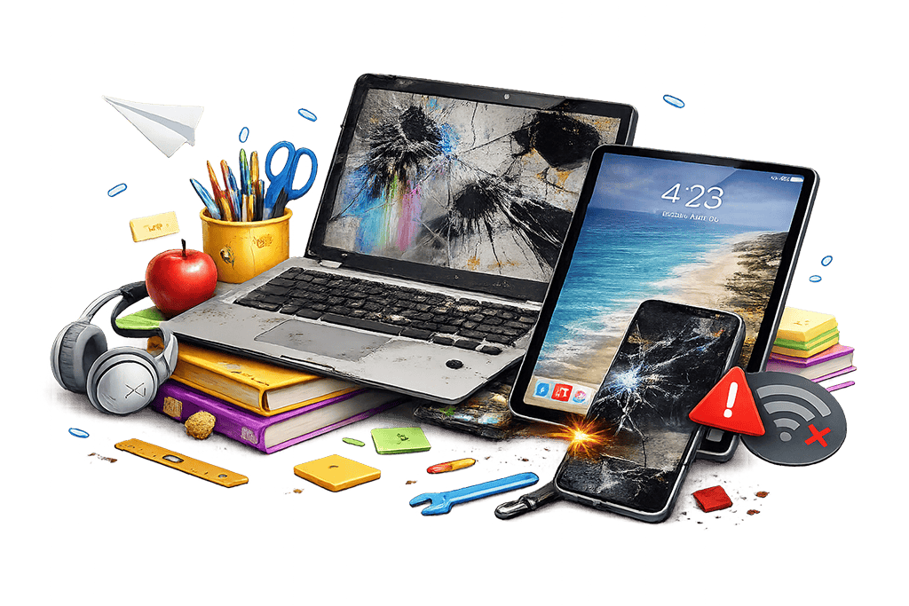 Illustration of damaged laptops, tablets, and smartphones representing comprehensive device protection against accidental damage, loss, and theft.