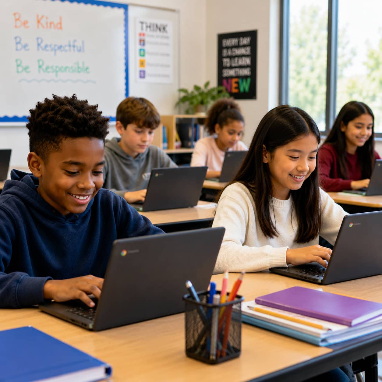 Students using Chromebooks in a classroom with K–12 device protection for school laptops.